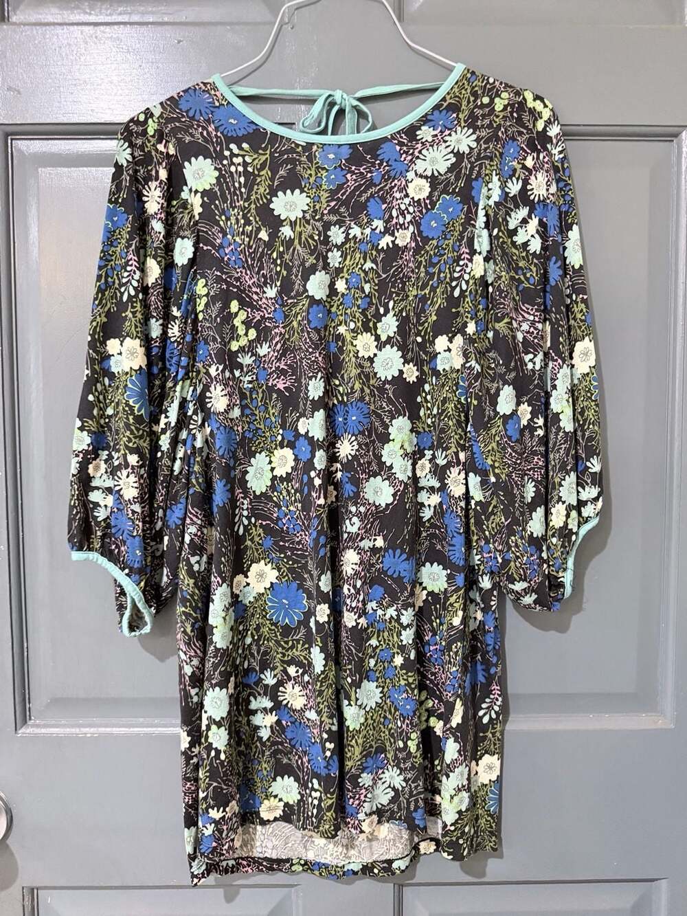 Ric Rac Floral Print Top with Dolman Sleeves and Tie Neckline